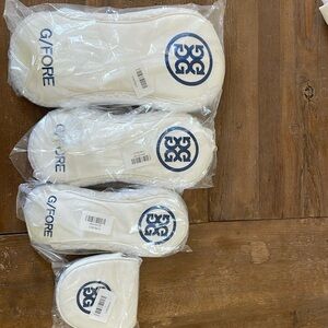 G/fore headcovers- white with blue lettering and logodriver,3wood,hybrid putter